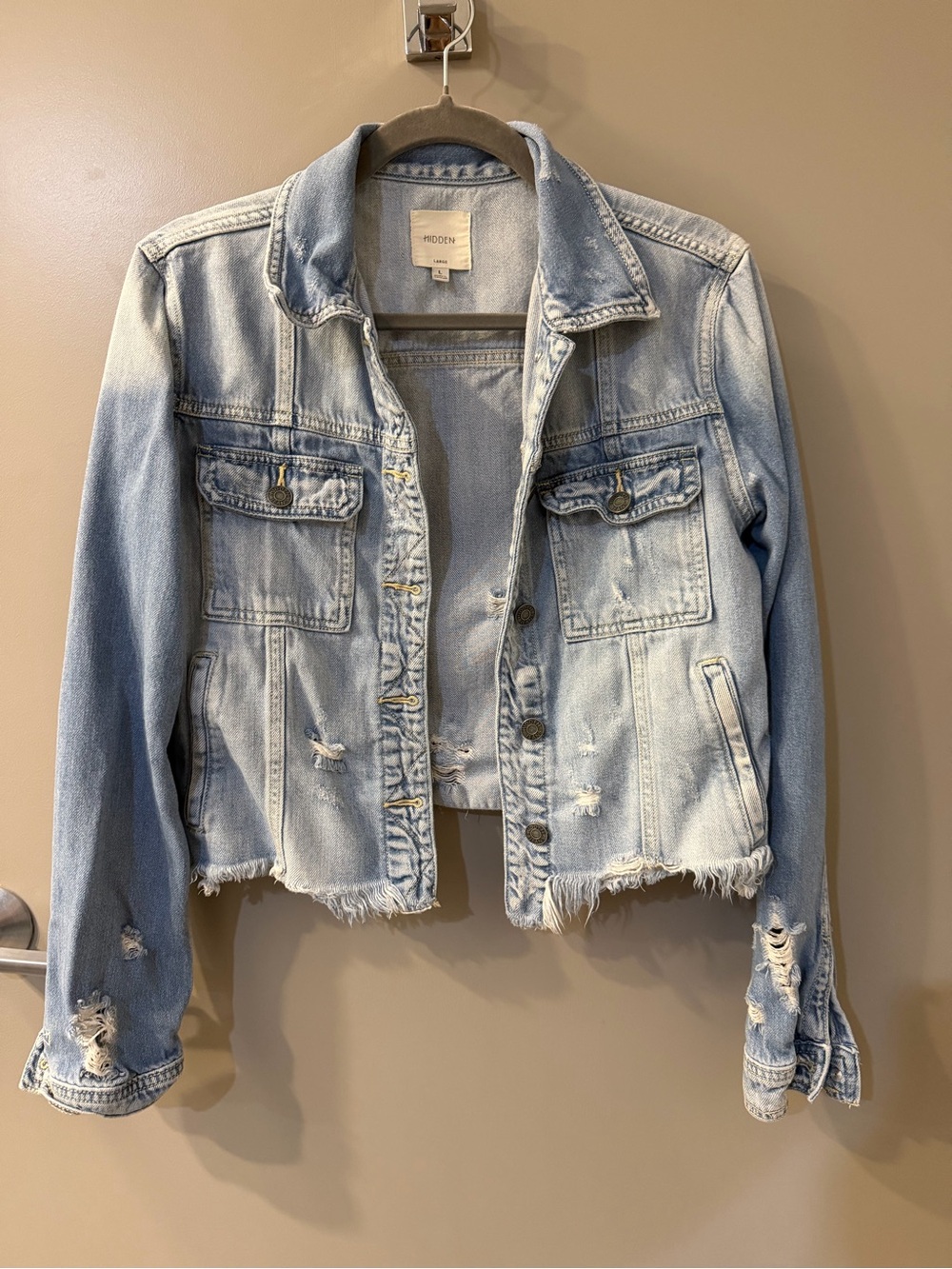 Hidden Distressed Denim Jacket - so soft!! Size large